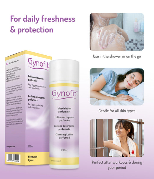 Gynofit Cleansing Lotion (perfumed) – Ensures balanced pH value for Vaginal Health – Protects the Vaginal Skin from drying out & prevents irritation – suitable for long-term daily use 6.76 Fl Oz
