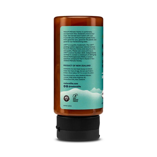 Melora Manuka Honey New Zealand Raw Honey  Pure Unfiltered Unpasteurized Honey  Organic Squeeze Bottle  UMF 8+  MGO 185+  12 oz