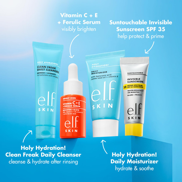 e.l.f. SKIN Wake the e.l.f. Up Skincare Kit Travel-Size Hydrating Face Cleanser Sunscreen Moisturizer & Brightening Serum Vegan & Cruelty-Free