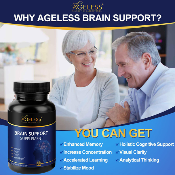 Ageless Brain Supplements for Memory and Focus & Cognitive Improvement | Nootropic Brain Supplement for Men & Women | Support Mental Clarity & Neuro Health | Including Vitamin B6, B12, 60 Capsules