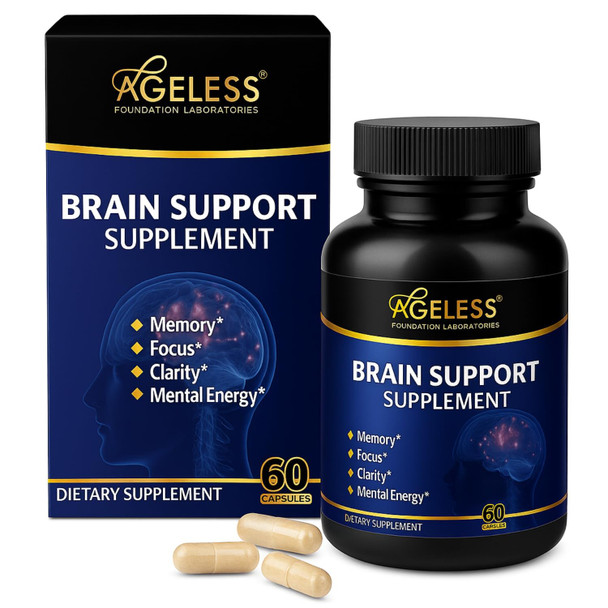 Ageless Brain Supplements for Memory and Focus & Cognitive Improvement | Nootropic Brain Supplement for Men & Women | Support Mental Clarity & Neuro Health | Including Vitamin B6, B12, 60 Capsules