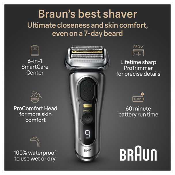 Braun Series 9 PRO+ Electric Razor for Men 5 Pro Shaving Elements and Shave-Preparing ProComfort Head for Closeness & Skin Comfort 6in1 SmartCare Center Wet or Dry Shaver Charging Stand 9597cc