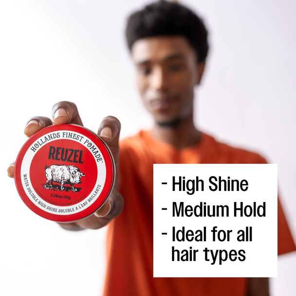 REUZEL Red Pomade Medium All Day Hold Water Soluble Styling High Shine and Flake Free Easy To Wash Out For All Hair Types 3.38 Ounce