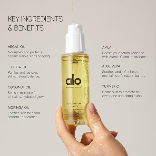 Alo Head-to-Toe Glow Oil + Travel | Glow-Boosting Natural Dry Body Oil | Jojoba, Amla, Aloe & Vitamin E | Hydrates & Nourishes Skin | Citrus Scent | 3.2 + 0.7 Oz