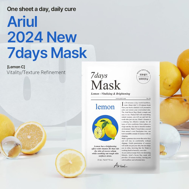 Ariul 7 Days Mask Heartleaf P – Calming & Moisturizing Korean Face Mask with Panthenol & Ceramide, Hydrating & Soothing, Pore Purifying, Vegan Sheet, 10 Masks, 23ml / 0.77 fl. oz Each (Lemon C)