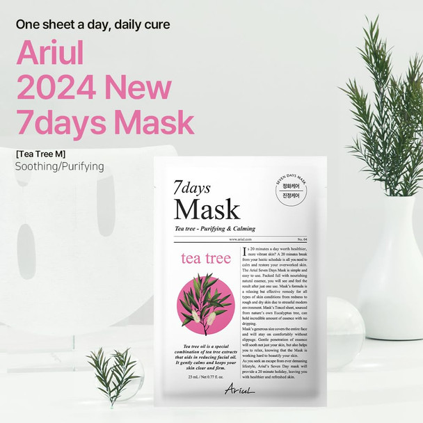 Ariul 7 Days Mask Heartleaf P – Calming & Moisturizing Korean Face Mask with Panthenol & Ceramide, Hydrating & Soothing, Pore Purifying, Vegan Sheet, 10 Masks, 23ml / 0.77 fl. oz Each (Tea Tree M)