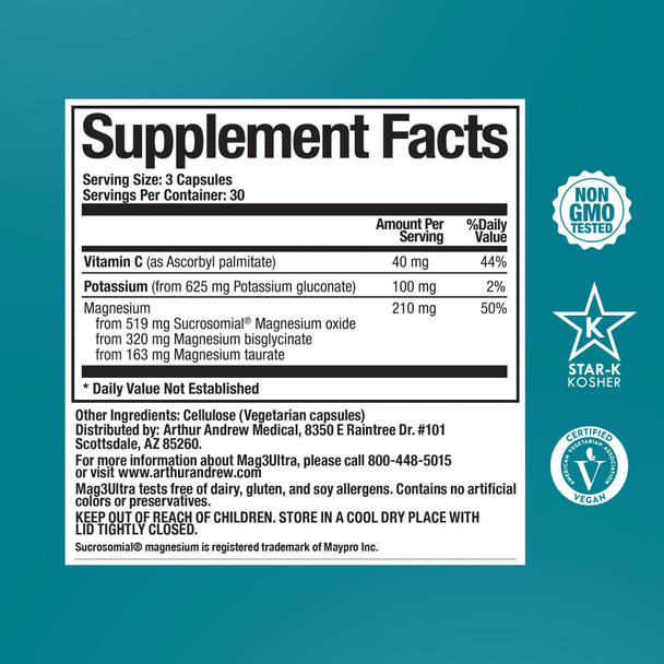 Arthur Andrew Medical, Mag3Ultra Triple Magnesium Supplement, Sucrosomial, Bisglycinate, Taurate for Muscle, Stress, Mood, Nerve, Bone & Heart Support, 90 Capsules