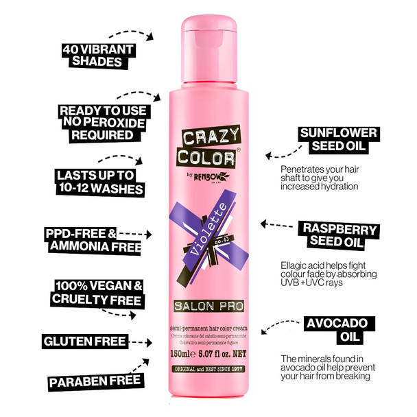 Crazy Color Crazy Color Salon Pro Semi Permanent Hair Color - 43 Violette Hair Color Women 5.07 oz