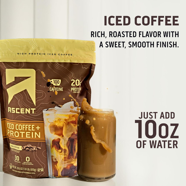 Ascent Iced Coffee Protein Powder - High Protein Coffee Powder, 20 g Protein & 100 mg Caffeine - 30 Servings