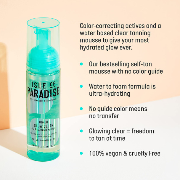Isle of Paradise Glow Clear Self Tanning Mousse - Color Correcting Tanning Foam Vegan and Cruelty Free 6.76 Fl Oz -Medium (Golden Glow)