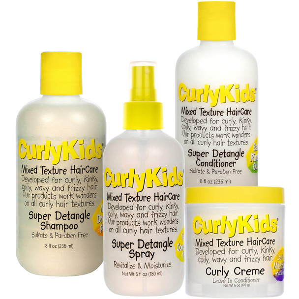 CurlyKids Textured Hair Care Set with Hair Detangler Spray Kids Shampoo Conditioner & Creme for Curly Frizzy & Wavy Hair | Sulfate & Paraben-Free Formula to Detangle Hydrate and Revitalize Curls