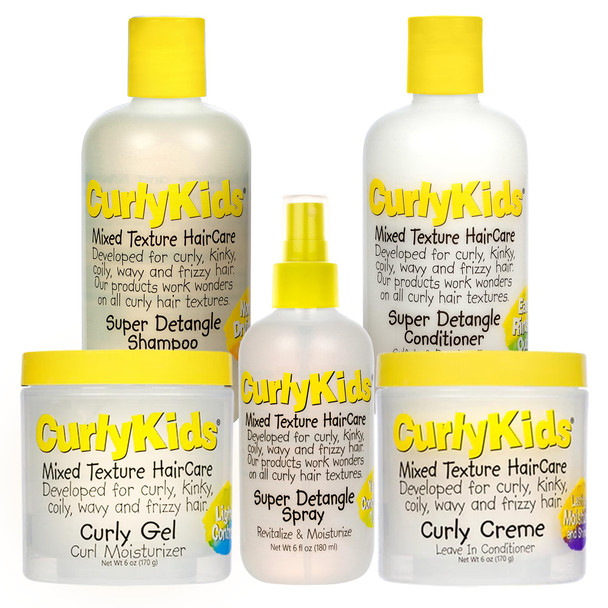 CurlyKids Super Detangle Spray Bundle with Hair Detangler Spray Kids Shampoo Conditioner Gel & Creme for Curly Frizzy & Wavy Hair | Sulfate & Paraben-Free Formula to Detangle