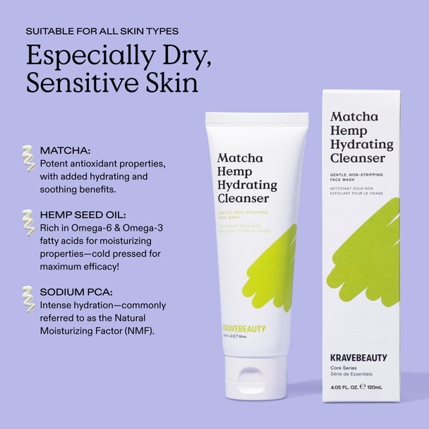 KraveBeauty Matcha Hemp Hydrating Cleanser – Korean-Inspired Gentle Daily Face Wash, Hydrating & Non-Stripping, Hemp & Matcha, Vegan & Cruelty-Free, 4.05 fl oz