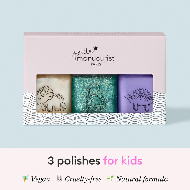 Manucurist Kids Water-Based Non Toxic Nail Polish for Kids Kit Wild Life – 3 Nail Polishes: White Glittery Green Purple - Christmas Gifts Girls - Gift Box