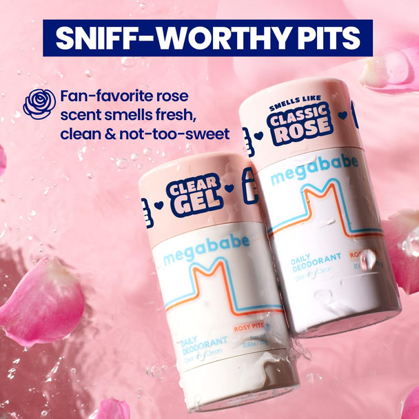 Megababe Daily Deodorant - Rosy Pits with 72 hour Odor Protection | Holiday Gifts for Women | Aluminum-Free, Clear & Clean | Fresh rose scent | 2.6 oz