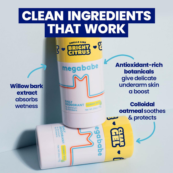 Megababe Daily Deodorant - Sunny Pits | Holiday Gifts for Women | Aluminum-Free, Clear & Clean | 2.6 oz