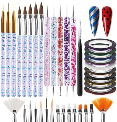 Artdone 38Pcs Nail Striping Tape Lines Kit With Nail Art Pens Dotting Tools And Liner Brushes For Gel Polish Small Detail Drawing Design Paint