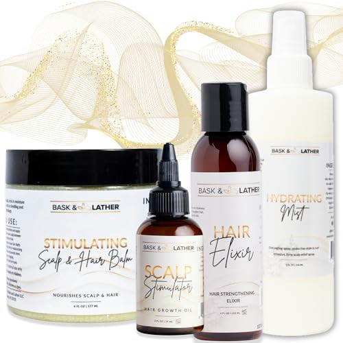Bask & Lather Moisture & Seal Bundle  Hair Elixir + Scalp Stimulator Oil + Balm + Hydrating Mist  Complete Natural Haircare System For Growth & Hydration