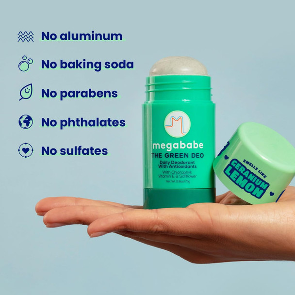 Megababe Daily Deodorant - The Green Deo with Anti-Antioxidants | Aluminum-Free, Solid, All Natural | Geranium & Lemon | Free from Parabens, Sulfates & Phthalates | 2.6 oz (Pack of 2)