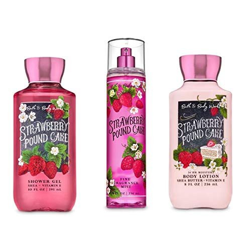 Bath And Body Works - Strawberry Pound Cake - Daily Trio - Shower Gel Fine Fragrance Mist & Super Smooth Body Lotion-  2020