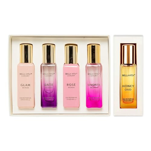 Bellavita Luxury'S Booster Perfume  Set For Women  5 Luxury Minis  Long Lasting  Senorita Rose Date Glam Honey Oud  Eau De Parfum