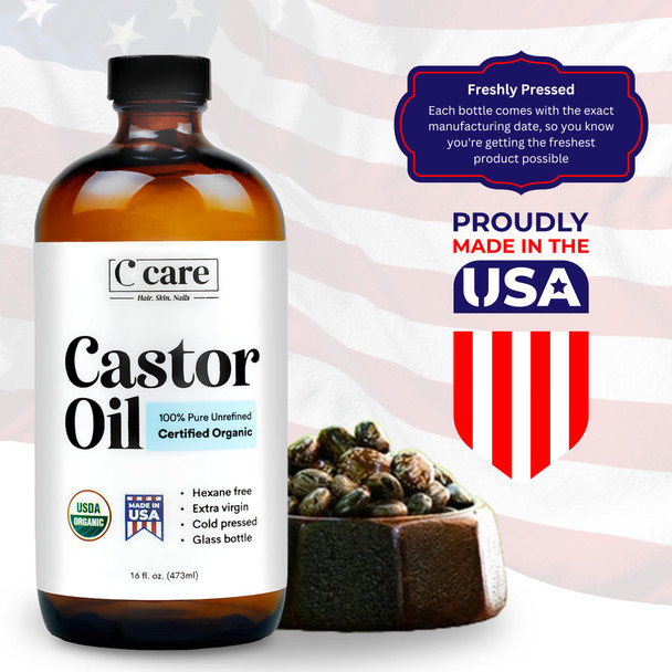 C Care Castor Oil 100% Pure Organic Cold Pressed Unrefined Glass Bottle  Usda  Organic  Hexane  Extra Virgin  For Hair Growth Eyebrows Eyelashes Skin And Castor Oil Pack Wrap  16Oz