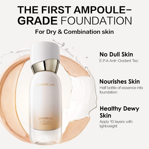 Carslan Sheer Liquid Foundation With Hydrating Serum 24H Long-Lasting Moisturization Medium Full Coverage Anti-Aging Build Dewy Health Skin P02 Classic Ivory 1 Floz