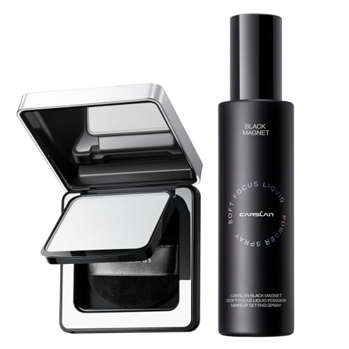 Carslan Black Magnet Soft Focus Pressed Powder+Liquid Powder Makeup Setting Spray 24H Oil Control Waterproof Longwear Face Set Combo