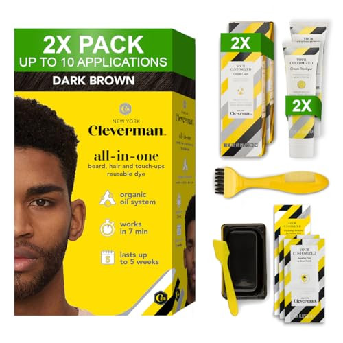 Cleverman 2X Pack Hair & Beard Dye Kit For Men All-In-One Reusable Mens Hair Color Natural Gray Coverage Ammonia- Beard Mustache Dye For Men (Dark Brown For Black Men)