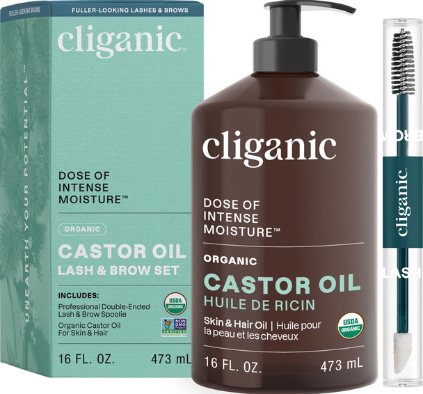 Cliganic Organic Castor Oil 100% Pure - For Hair Skin Face Eyelashes & Eyebrows  Natural Cold Pressed Unrefined Hexane- (8Oz)