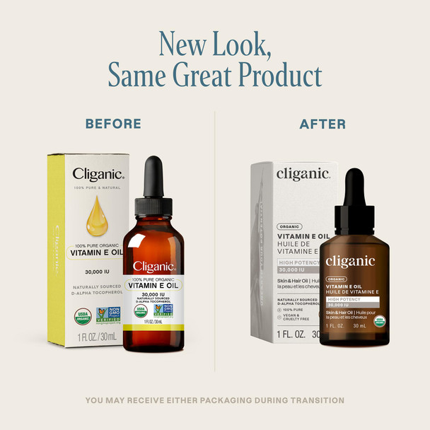 Cliganic Organic Pure Vitamin E Oil For Skin Hair & Face - 27000 Iu Non-Gmo Verified  Natural D-Alpha Tocopherol (Packaging May Vary)