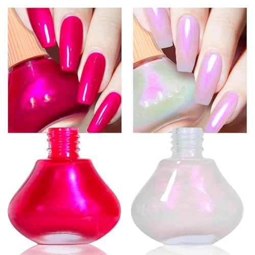 Cosmoo Hot Pink With Pearl 2Pcs Nail Polish 12Ml Quick Dry Nail Lacquer Super Lustrous Nail Enamel Polish Shimmer Iridescent Ultrachrome Nail Art Varnish 0.41 Fl Oz/Pcs (Hot Pink + Pearl)