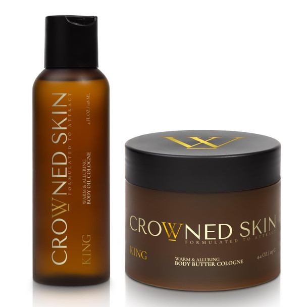 Crowned Skin King Body Butter Cologne And Body Oil Cologne Bundle   Moisturizing Formula  Skin Care Set With Warm Sandalwood & Leather Scent  Natural Shea & Mango Butter  All-Day Fragrance