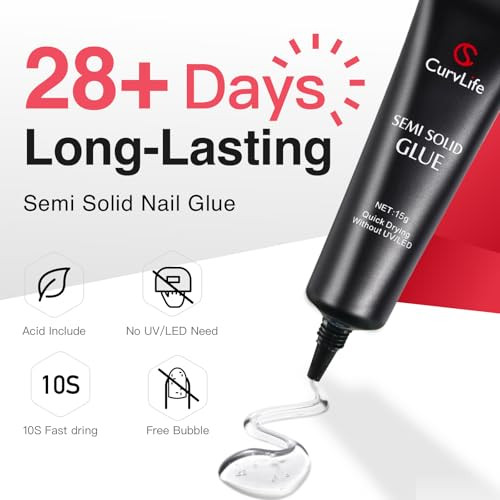Curvlife 15G Semi-Solid Glue Gel And 20Ml Pinpoint Glue Remover Kit For Press On Nails Quick Dry No Uv Lamp Needed With Gentle Non-Acetone Remover For Fake Nail Tips