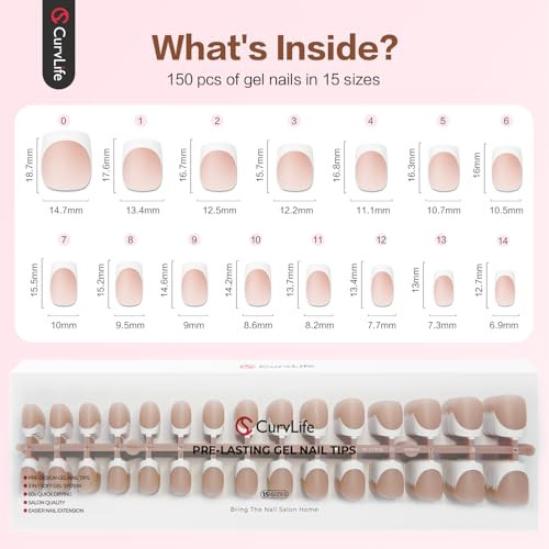 Curvlife 300Pcs French Gel Nail Tips Press-On Nails Skin Tone Options Gel X Nail Tips 15 Sizes French Tips Design For Diy Nail Art
