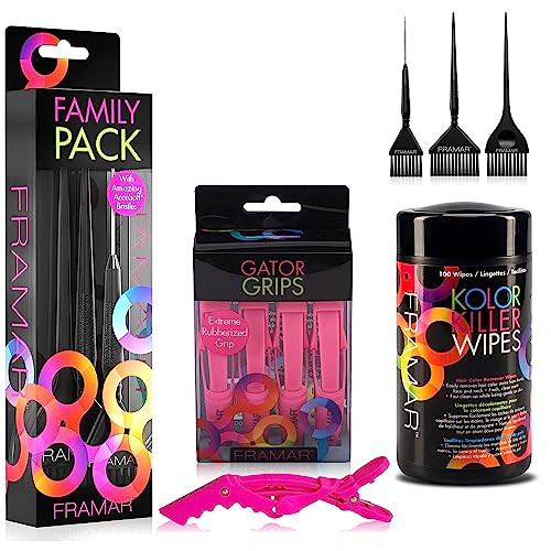 Framar Kolor Killer Wipes - Family Hair Color Brush Set - Gator Grips Pink Hair Clips For Styling