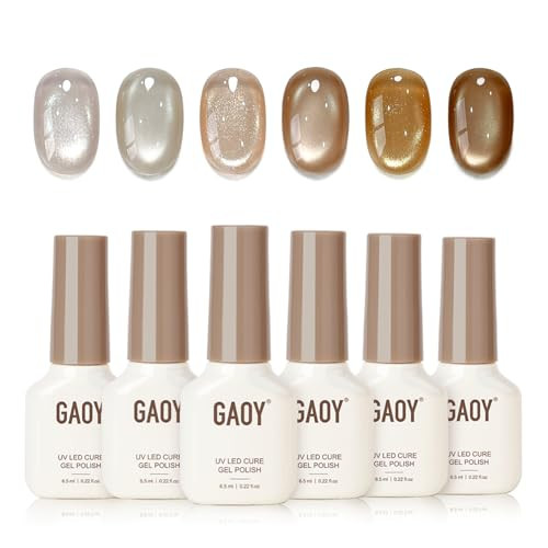 Gaoy Brown Glitter Cat Eye Gel Polish Kit With Magnet 6 Colors Silver Holographic Nail Polish Set Uv Cure Gel For Diy Manicure At Home