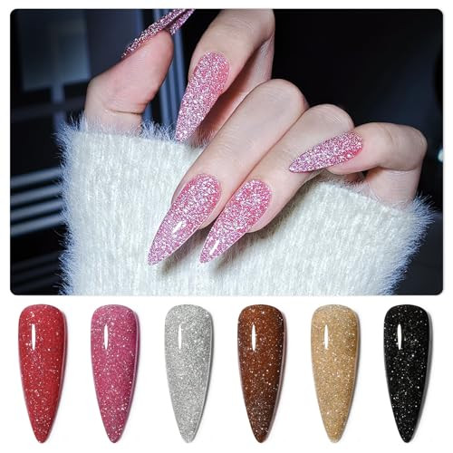 Gaoy Reflective Glitter Gel Nail Polish Set 6 Colors Including Pink Red Silver Holographic Gel Kit Uv Led Soak Off Nail Polish Home Diy Manicure Salon Varnish