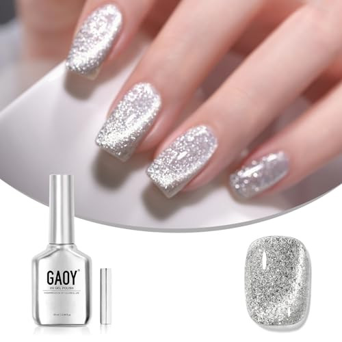 Gaoy Cat Eye Gel Nail Polish Glitter Holographic Nail Polish With Magnet 16Ml Reflective Translucent Uv Gel For Diy At Home 1138 Silver