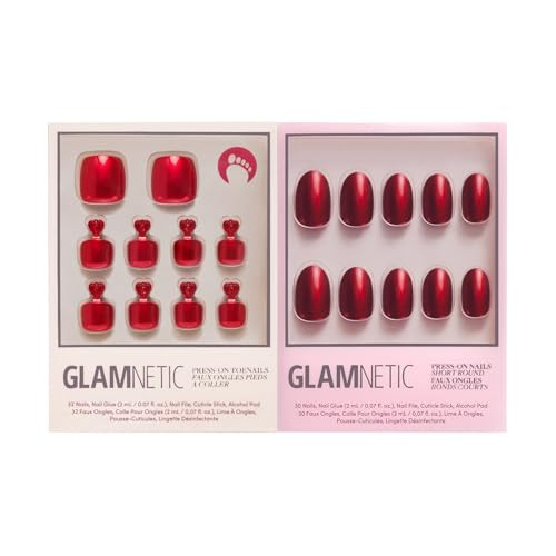 Glamnetic Press On Nails & Toenails - Cherry Glaze  Short Round Bright Cherry Red Nails With A Glaze Finish  15 Sizes - 30 Nail Kit With Glue & 16 Sizes - 32 Toe Nail Kit With Glue