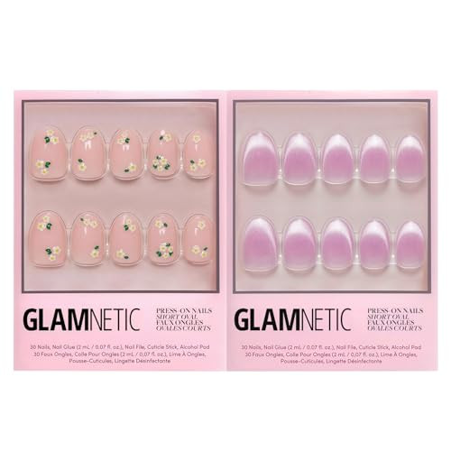 Glamnetic Press-On Nails Bundle - Petals & Fairy Dust  Short Oval Fake Nails With Floral Accents  Short Oval Beige-Pink False Nails With A Metallic Finish  Reusable Salon-Quality Nail Kits