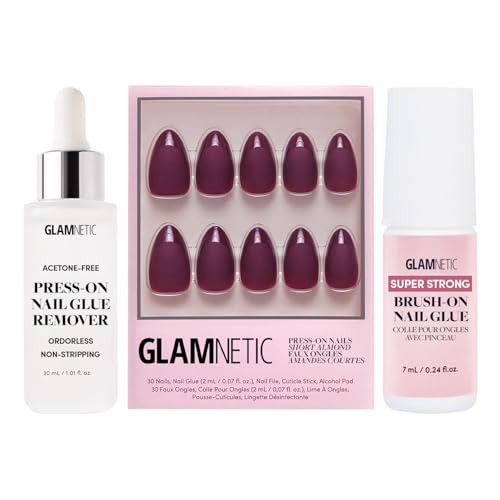 Glamnetic Press-On Nails - Merlot  Super Strong Brush On Nail Glue & Press-On Nail Remover  Matte Short Almond Dark Red Nails With Glossy French Tips  15 Sizes - 30 Nail Kit With Glue And Remover
