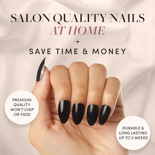 Glamnetic Press-On Nails - Boba  Super Strong Brush On Nail Glue & Press-On Nail Remover  Opaque Black Short Almond Nails Reusable  12 Sizes - 24 Nail Kit With Glue And Remover