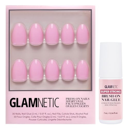 Glamnetic Press On Nails & Brush On Nail Glue Bundle - Think Pink  Solid Opaque Light Pastel Pink Short Oval Nails Reusable  15 Sizes - 30 Nail Kit