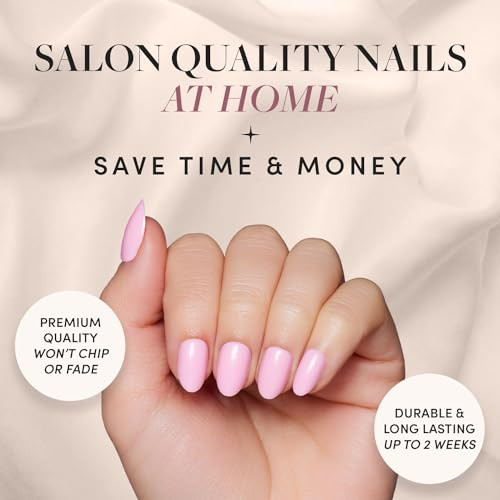 Glamnetic Press On Nails & Brush On Nail Glue Bundle - Think Pink  Solid Opaque Light Pastel Pink Short Oval Nails Reusable  15 Sizes - 30 Nail Kit