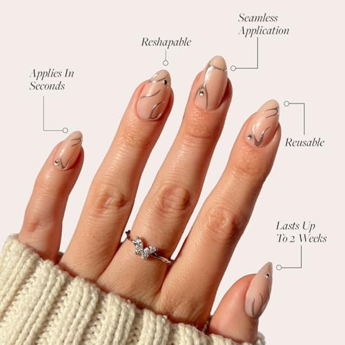 Glamnetic Press-On Nails Bundle - Boba & Astro  Opaque Black Short Almond Nails  Glossy Short Almond Semi-Transparent Fake Nails With 3D Metallic Silver Swirls  Reusable Nail Kits