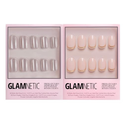 Glamnetic Press-On Nails Bundle - Pure Intentions & Sprinkles  Glossy Iridescent Short Round Nails  Rainbow French Tip Short Almond Fake Nails  Reusable Nail Kits