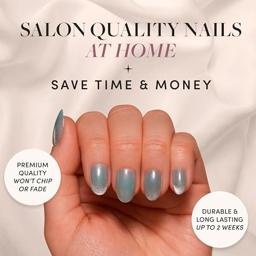 Glamnetic Press-On Nails Bundle - Unicorn Tears & Fairy Dust  Short Oval Misty-Grey Nails With A Metallic Finish  Short Oval Beige-Pink False Nails With A Metallic Finish  Reusable Salon-Quality