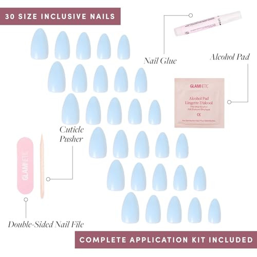Glamnetic Press On Nails & Brush On Nail Glue Bundle - Blueberry Milk  Opaque Light Blue Short Almond Nails  15 Sizes - 30 Nail Kit With Glue  Reusable Salon-Quality Fake Nails