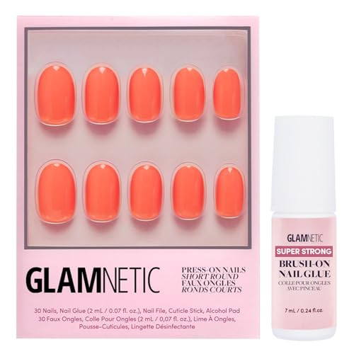 Glamnetic Press On Nails & Brush On Nail Glue Bundle - Apricot  Orange Solid Opaque Round False Nails Reusable  12 Sizes - 30 Nail Kit With Glue